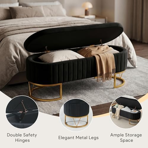 Storage Bench Bedroom Bench, Velvet Oval Upholstered End of Bed Bench with Golden Metal Legs, 46” Modern Storage Ottoman Bench for Bedroom, Living Room, Entryway, Window, Black