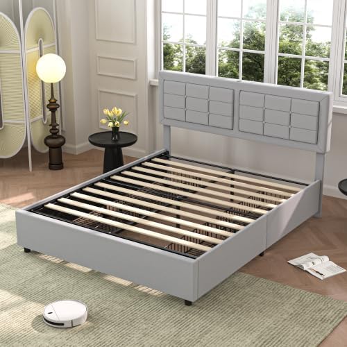 VECELO Full Size Bed Frame with 4 Drawers, Adjustable Tufted Button Headboard, Upholstered Platform with Wood Slats Support, Built-in USB and Type C Ports, Light Gray