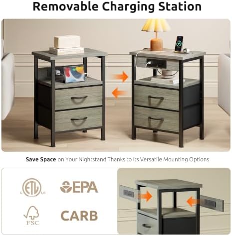 Lazzanto Night Stand with Charger Station, 2 Fabric Drawers, Grey | Nightstand, Bedside Table, Open Shelf, Built in USB-A, USB-C Port & AC Outlets, For Bedroom, Dorm, Living Room