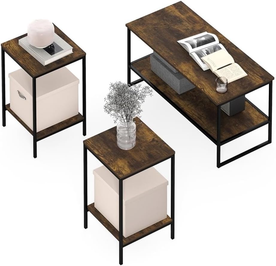 Pemberly Row 3-Piece 2-Tier Coffee Table Set, Amber Pine Finish, Engineered Wood and Metal, Includes Coffee Table and 2 Side Tables, Durable Living Room Furniture for Small Spaces and Organization
