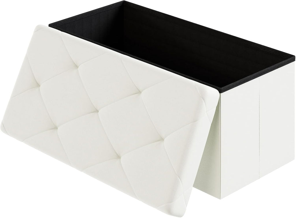 DUMOS 30 Inches Folding Ottoman with Storage Bench, Foot Rest Stool, End of Bed Storage Bench Upholstered, Load 660 lbs, for Living Room, Lychee Grain Leather, Beige