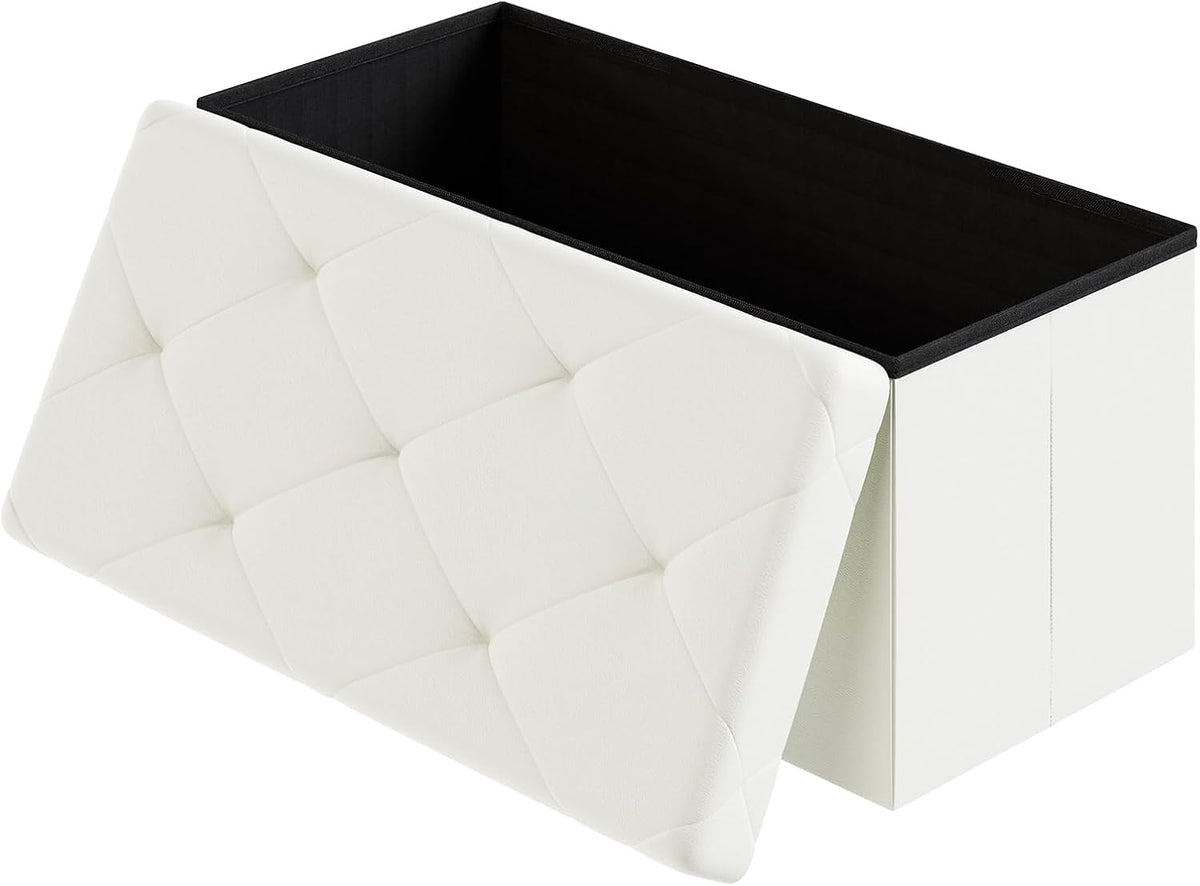 DUMOS 30 Inches Folding Ottoman with Storage Bench, Foot Rest Stool, End of Bed Storage Bench Upholstered, Load 660 lbs, for Living Room, Lychee Grain Leather, Beige