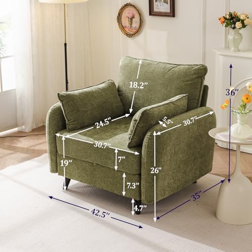 Rexulqo Oversized Accent Chair with All Seats Storage,Comfy Living Room Chairs with 2 Throw Pillow,Upholstered Mid-Century Armchair,24.5'' Deep Seat,Reading Chair for Bedroom,Office,Chenille,Green