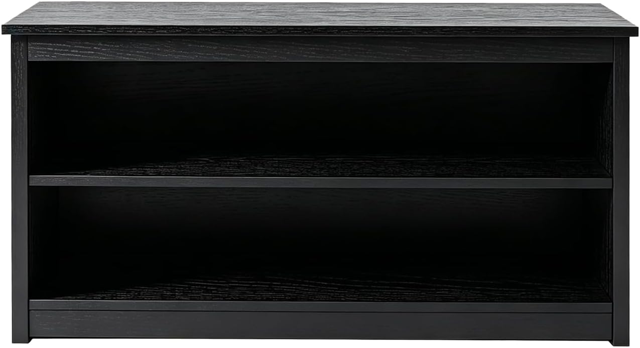 Farmhouse Storage Bench with 2-Tier Open Shelf, Shoe Bench with Cushion for Entryway, Mudroom, Hallway, Living Room & Bedroom Organization, Black
