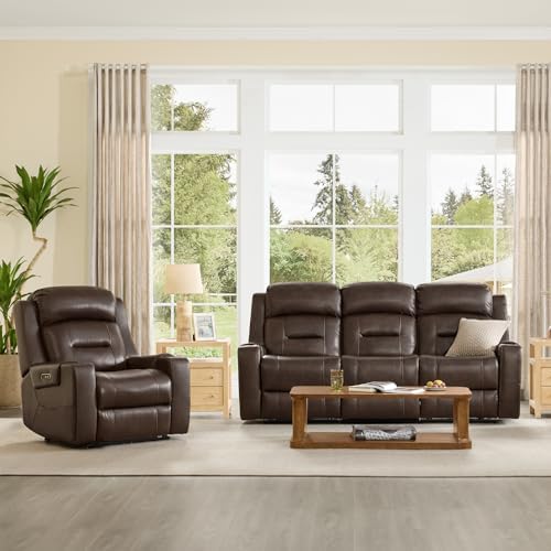 Watson & Whitely Genuine Leather Lay Flat Power Reclining Sofa, Brown | 3-Seater Recliner Couch, Power Headrests, Cup Holders, USB & Type-C Charging Ports, Electric Reclining, Living Room