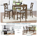 5 Piece Dining Table Set for 4, Solid Wood Square Dining Table Set, Counter Height Kitchen Table Set with Square Table and 4 Upholstered Chairs, X-shaped Backrest for Small Space, Walnut