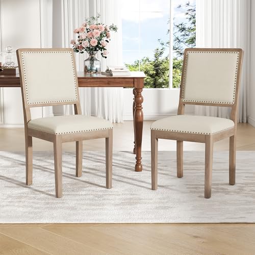 Dining Chair Set of 6, Mid Century Modern Upholstered Dining Room Chairs, Fabric High Back Kitchen Chairs with Nailhead Trim and Wood Legs for Living Room Kitchen Restaurant, Beige