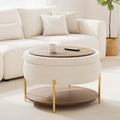 28.5 Inch Round Coffee Table Ottoman with Storgae, Modern Large Upholstered Circle Storgae Ottoman with Removable Lid Top and Metal Legs for Living Room, Bedroom, Teddy Fleece Beige