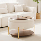 28.5 Inch Round Coffee Table Ottoman with Storgae, Modern Large Upholstered Circle Storgae Ottoman with Removable Lid Top and Metal Legs for Living Room, Bedroom, Teddy Fleece Beige