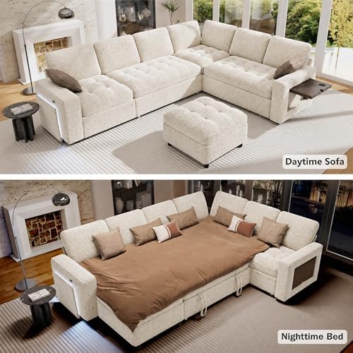 Vipbear 7 Seat L Shaped Modular Sectional Sleeper Sofa Bed with Ottoman/Pull Out Bed/Reclining Backrest/USB Ports/Table/LED Light/Storage Seat, Tool-Free Assembly, Chenille Beige