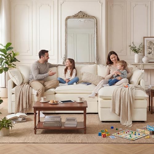 WorthFurni Modular Sectional Sofa with Storage Ottomans,103" L-Shaped Cloud Couch,Comfy Modern Couches with Pillows & Upholstered Deep Seat Cushion for Apartment Living Room Bedroom（Beige）
