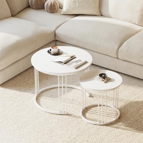 Garden 4 you Nesting Coffee Table, 23.6" Round Coffee Table Set of 2, Wooden Nesting Table with Metal Frame, Ceter Tables for Living Room Bedroom Balcony, White