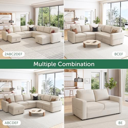 HONBAY Modular Sectional Sleeper Sofa with Pull Out Bed, L Shaped Couch with Storage Seat, Convertible Sectional Couches for Living Room, Beige