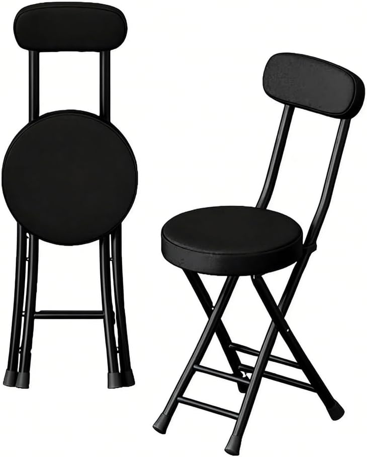 Folding Stool with Back, Padded Leather Round Foldable Stool, Foldable Bar Chairs, Round Portable Collapsible Stool for Gardening Kitchen Camping Cafe Indoor Outdoor,Black