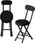 Folding Stool with Back, Padded Leather Round Foldable Stool, Foldable Bar Chairs, Round Portable Collapsible Stool for Gardening Kitchen Camping Cafe Indoor Outdoor,Black