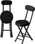 Folding Stool with Back, Padded Leather Round Foldable Stool, Foldable Bar Chairs, Round Portable Collapsible Stool for Gardening Kitchen Camping Cafe Indoor Outdoor,Black