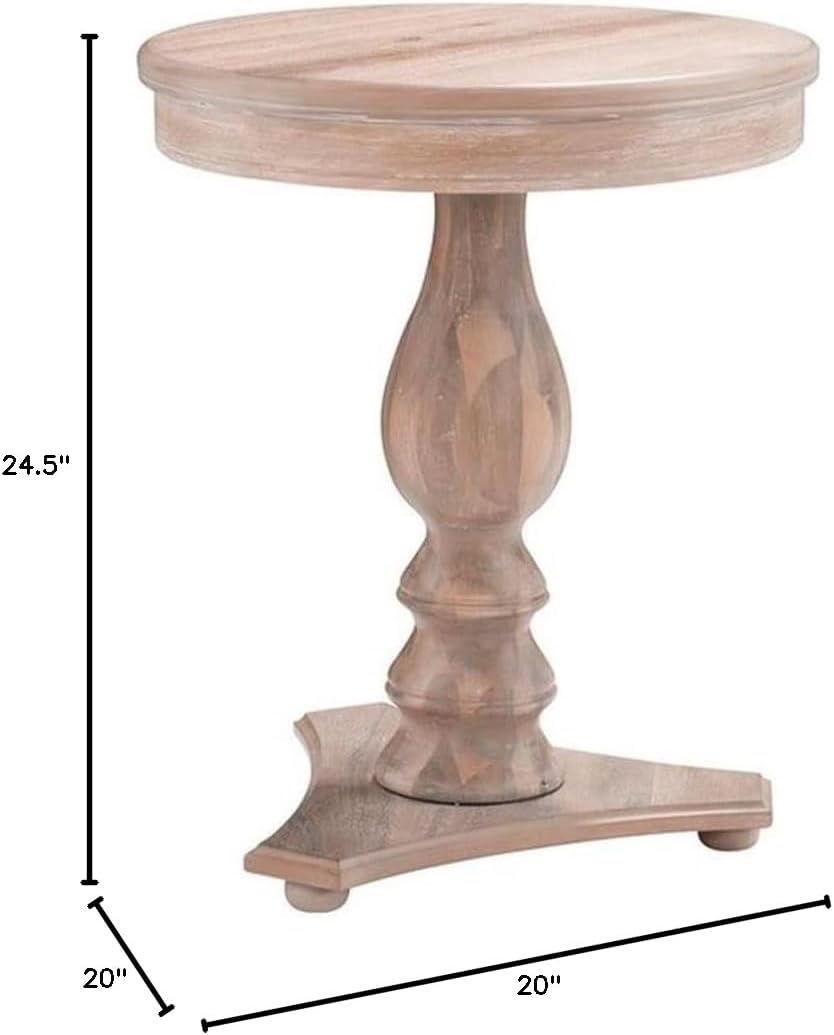 Pemberly Row Round Wood Side Table, 20" D x 24.5" H, Natural Brown Finish, Pedestal Base, Acacia/Rubberwood/MDF Construction, Accent Table for Living Room or Bedroom Use