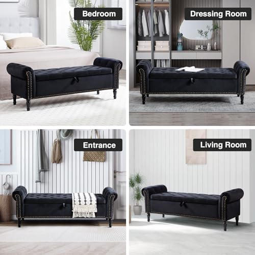 67'' End of Bed Storage Bench King Size, Storage Bench for Bedroom End of Bed, Upholstered Velvet Tufted Storage Ottoman Benches with Arms for Living Room, Entryway, Black