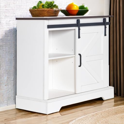 HOMFAMILIA 31.5" H Farmhouse Coffee Bar Cabinet w/Storage, White Kitchen Coffee Station with Sliding Barn Door, Rustic Buffet Cabinet with Adjustable Shelves, for Kitchen, Living Room, White