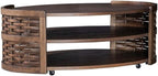 Pemberly Row 3 Piece Living Room Table Set, Rubberwood and Oak Veneer, Coffee Brown Finish, Includes Oval Cocktail Table with Casters and 2 Round End Tables, Basketweave Design, Shelves, Contemporary