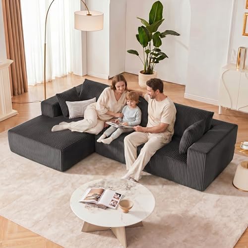 108" Couch with Chaise, Cloud Sectional Modular Sofa, Darkgrey | Deep Seat Modular Sectional Sofa for Living Room, Upholstered Corduroy Couch for Apartment, Convertible No Assembly Sofa