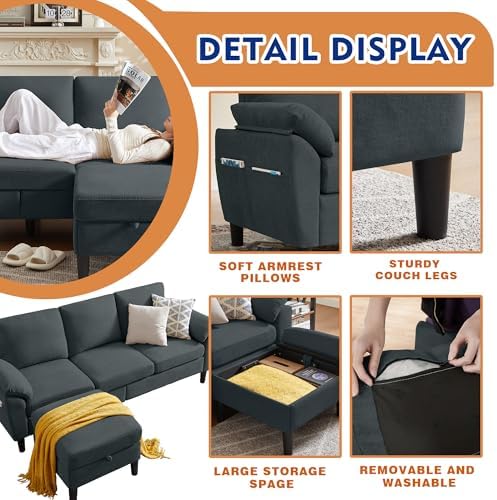 4 Piece Convertible Sectional Sofa Set, Modern Linen Small L Shaped Couch with Reversible Chaise, 3-Seater Sofa & Loveseat & Armchair for Living Room, Office, Apartment, Dark Grey