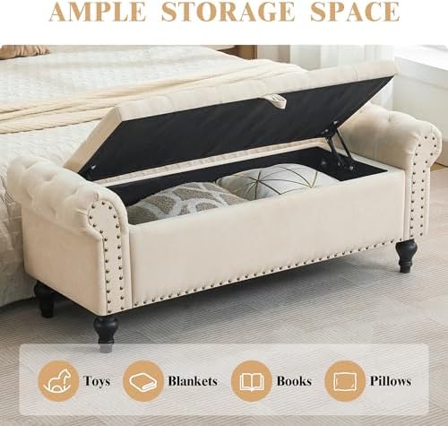 51" Storage Bench for Bedroom, Upholstered Ottoman Bench, Chenille Beige | End of Bed Bench for Bedroom, Window Benches for Living Room, Entryway, Ottoman with Large Storage Space, Pet Friendly