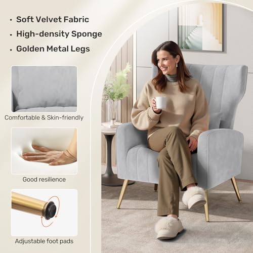 Nalupatio Velvet Accent Chairs Set of 2 Modern High Back Armchair Arm Chair with Lumbar Pillow, High Back Upholstered Single Sofa Chair with Gold Metal Legs for Bedroom,Light Gray