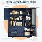 Merax 63 inch Kitchen Pantry Storage Cabinet, Freestanding Buffet Cabinet with Hutch, Drawers, Adjustable Shelves & Microwave Spot, for Dining Room, Kitchen, Blue