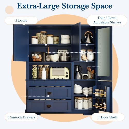Merax 63 inch Kitchen Pantry Storage Cabinet, Freestanding Buffet Cabinet with Hutch, Drawers, Adjustable Shelves & Microwave Spot, for Dining Room, Kitchen, Blue