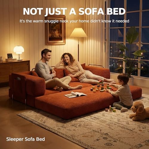MoonSpeak 78.8'' Futon Sofa Bed, Couches for Living Room | Corduroy Convertible Futon Sofa Bed with Storage Pocket, Modular Sleeper Couch in a Box, No Assembly (Rust Red)