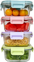 8PC Square Glass Containers With Lids, Glass Square Meal Prep Containers Set, 2 Cup Clear Small Food Containers For Soup Snack fruit, Microwave, Dishwasher, Freezer Safe - (4 color)