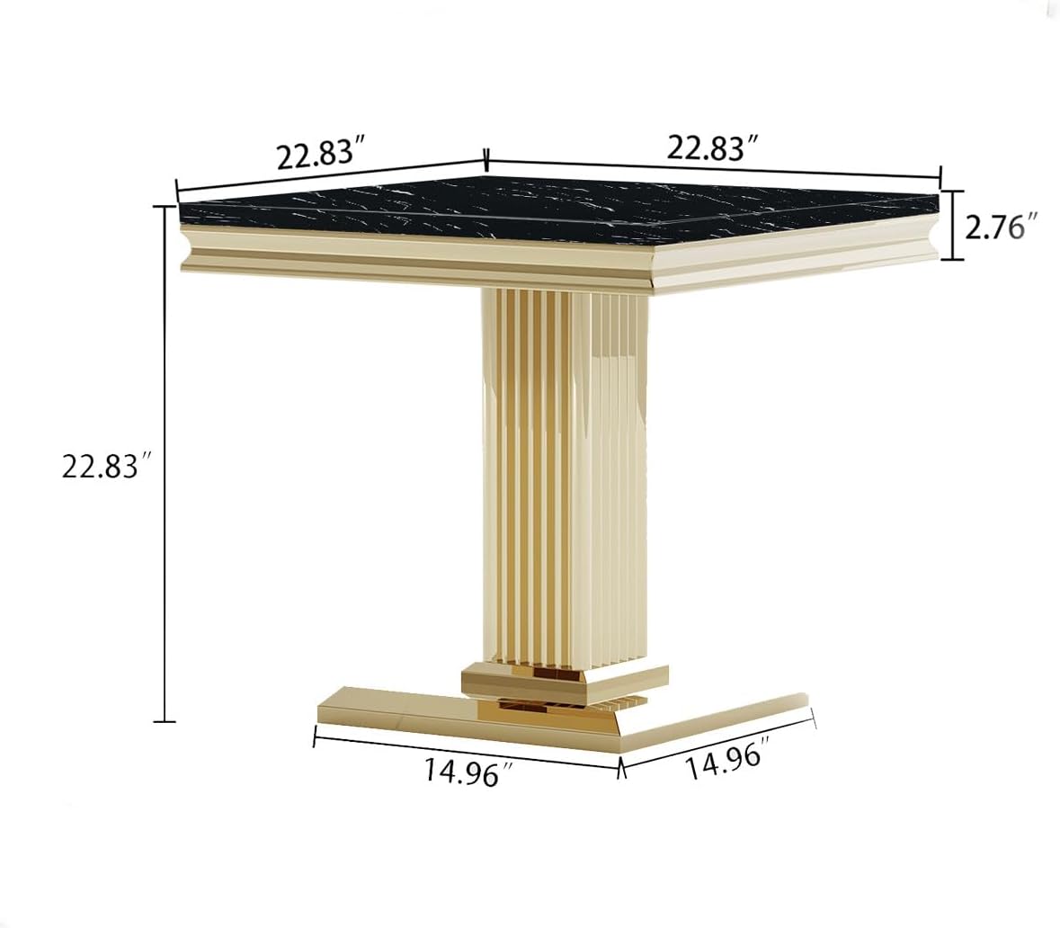 SSLine Square Faux Marble End Table for Living Room Mid-Century Black Marble Side Table with Mirrored Gold Column Frame Luxury End Table with Stainless Steel Pedestal Base