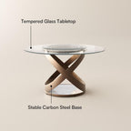POVISON 51" Modern Round Dining Table, Glass Round Kitchen Table for 4, Tempered Glass Dining Room Table top with Bronze X Carbon Steel Base (Dining Table Only)