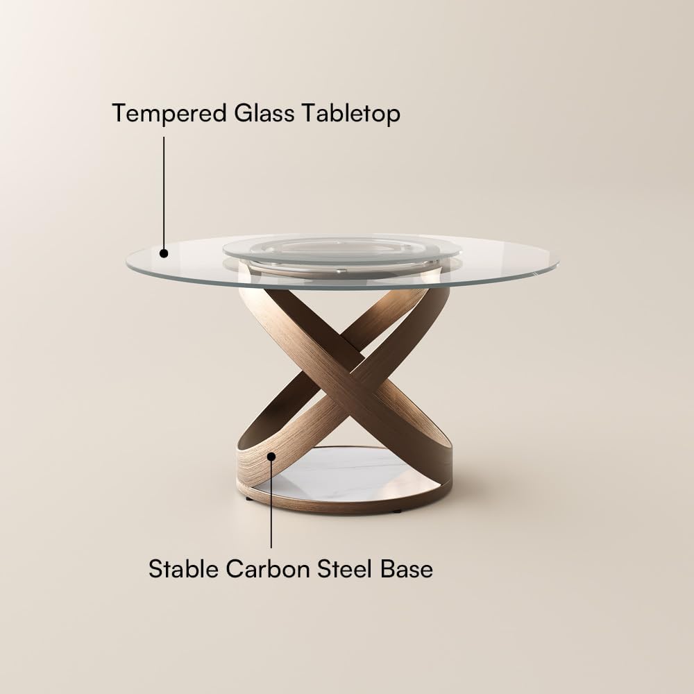 POVISON 51" Modern Round Dining Table, Glass Round Kitchen Table for 4, Tempered Glass Dining Room Table top with Bronze X Carbon Steel Base (Dining Table Only)