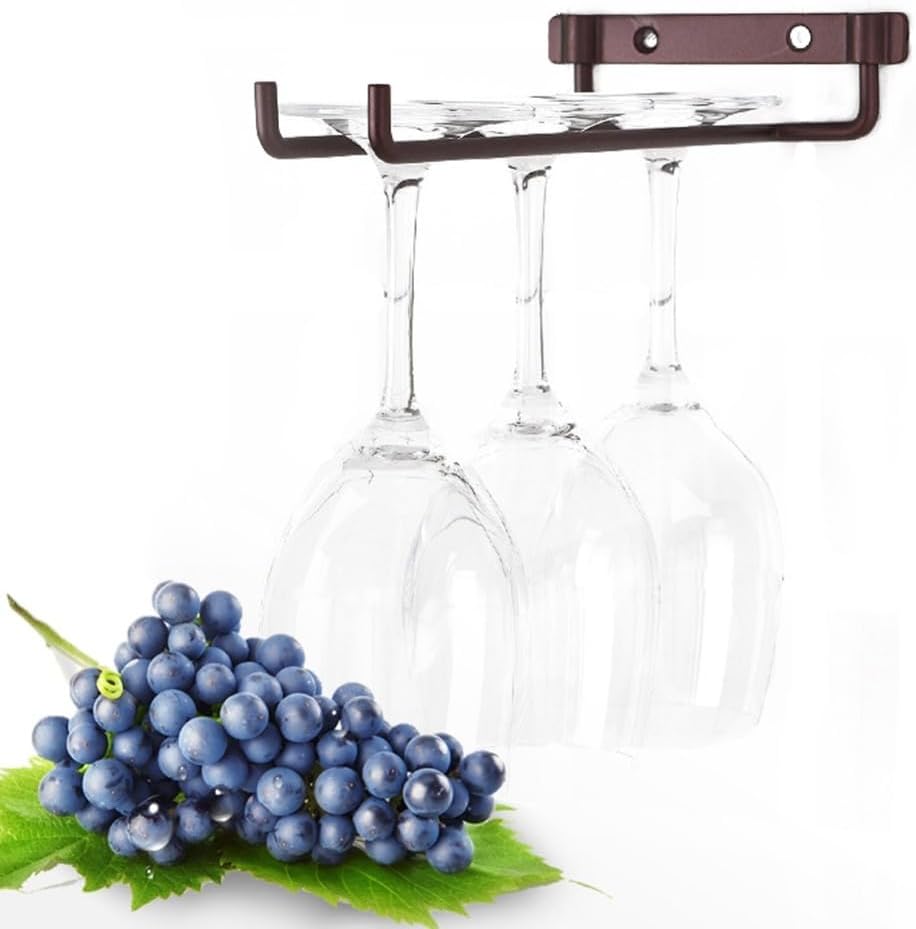 Stainless Steel Single Row Wine Glass Rack Space-Saving Cup Shelves Design Wall Mounted Holder for Kitchen & Bar Storage(Brown)
