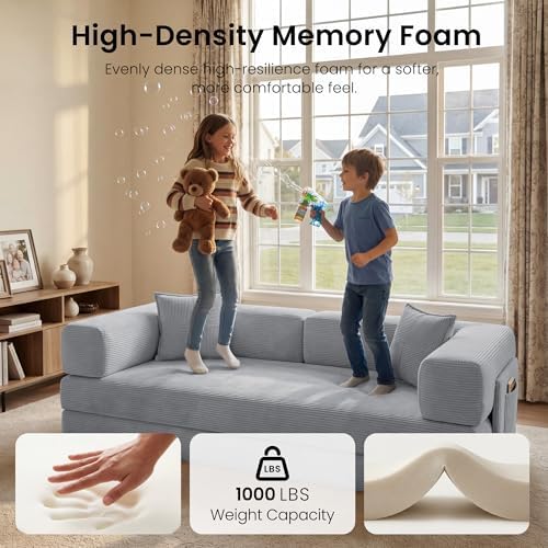 78.8" Convertible Futon Sofa Bed, Couch for Living Room | Corduroy Loveseat Sleeper Sofa, Modular Futon Couch with Storage Pocket, Pull Out Couch No Assembly | Grey