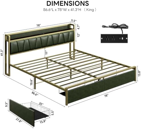 LIKIMIO King Size Bed Frame with 2 Drawers and Charging Station