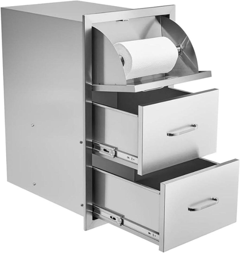 Outdoor Kitchen Drawers, 17" W x 30" H x 21" D Stainless Steel BBQ Drawer with Paper Towel Holder Combo, Flush Mount Triple Access Drawers with Handle for Outdoor Kitchen Island, Patio Grill Station