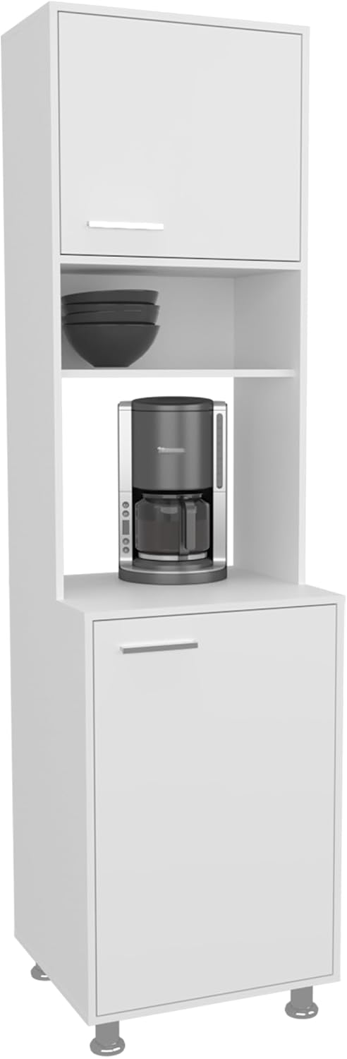 FM FURNITURE Kitchen Pantry Storage Cabinet, Freestanding Organizer with Doors and Open Shelves, Space Saving Kitchen Storage, White