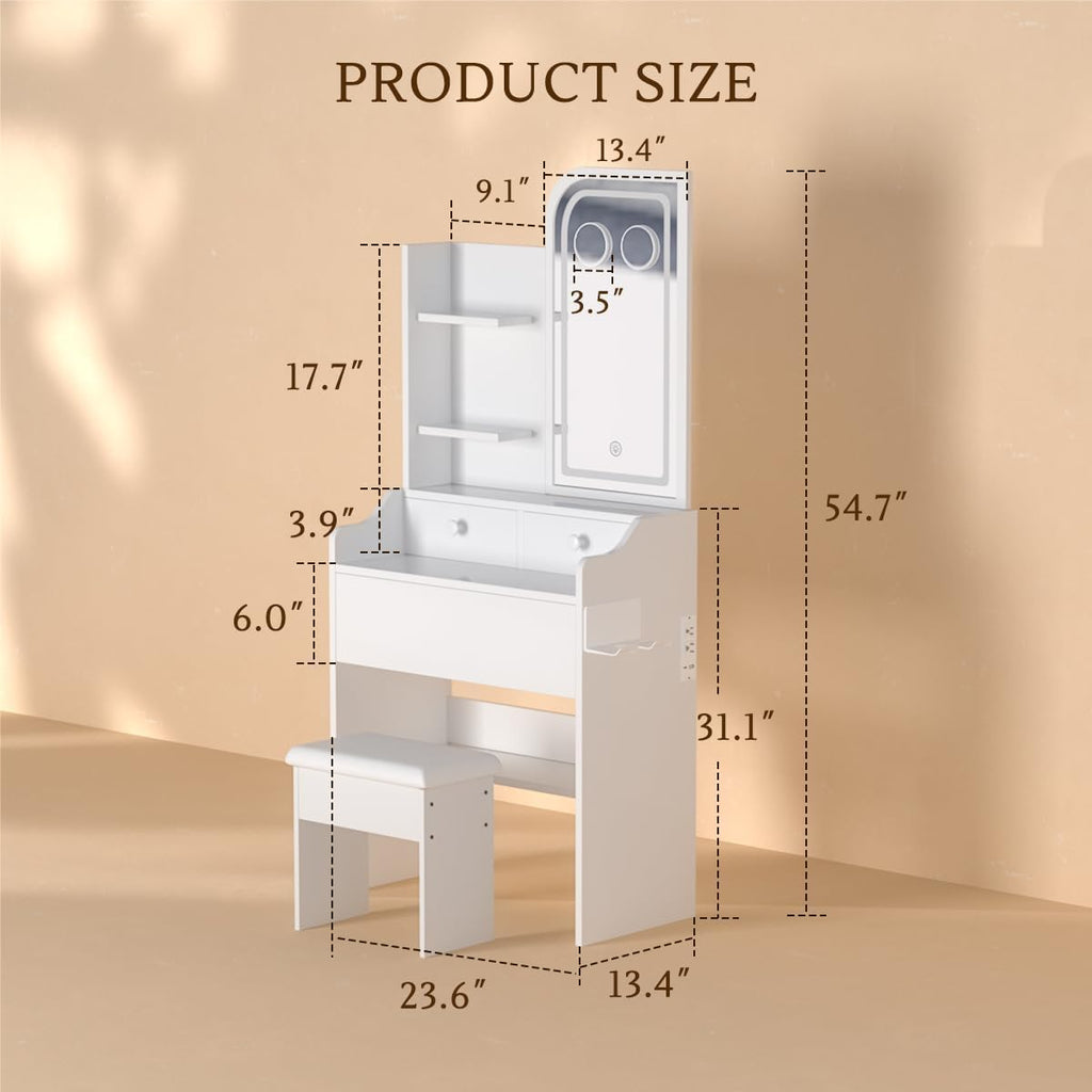 HOMEMORE Vanity Desk with LED Mirror Small Vanity with Lights 3X and 5X Magnifying Glasses 3 Drawers Makeup Table with Chair for Bedroom.White