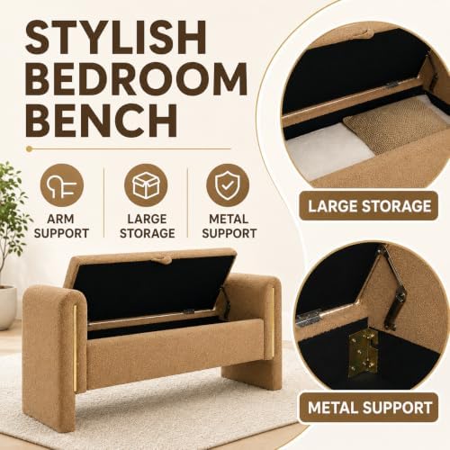 52" Upholstered Storage Bench, Brown, Armrests, Wood Frame | Mid-century storage ottoman bench, soft fabric, high-density foam. Perfect for end of bed, entryway, living room, bedroom.