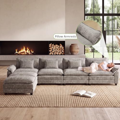 Oprisen 154" Modular Sectional Sofa, Comfy Deep Cloud Couch with Ottoman | U-Shaped Couches for Living Room, Modular Couch, Deep and Wide Seat, Chenille Sofa Sleeper with Throw Pillows, Light Grey