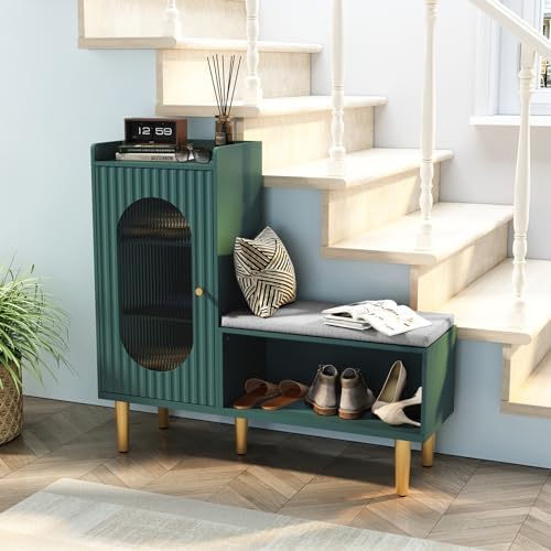 HLR Shoe Storage Bench with Glass Door&Shelf, L-Shaped Shoe Cabinet, Green | Modern Entryway Shoe Organizer with Padded Seat, Storage Cabinet for Hallway, Bedroom, Living Room, Office