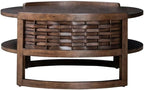 Pemberly Row 3 Piece Round Cocktail and End Table Set, Brown Oak Finish, Rubberwood and Oak Veneer, Basketweave Design, Compact Living Room Furniture Set, Includes Round Coffee Table and 2 End Tables