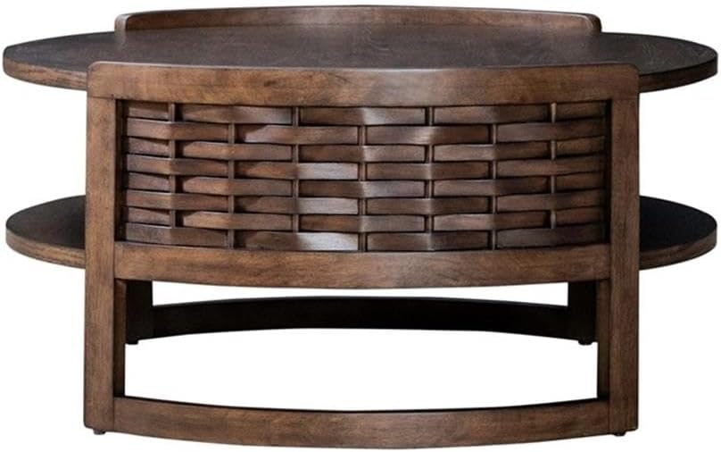 Pemberly Row 3 Piece Round Cocktail and End Table Set, Brown Oak Finish, Rubberwood and Oak Veneer, Basketweave Design, Compact Living Room Furniture Set, Includes Round Coffee Table and 2 End Tables