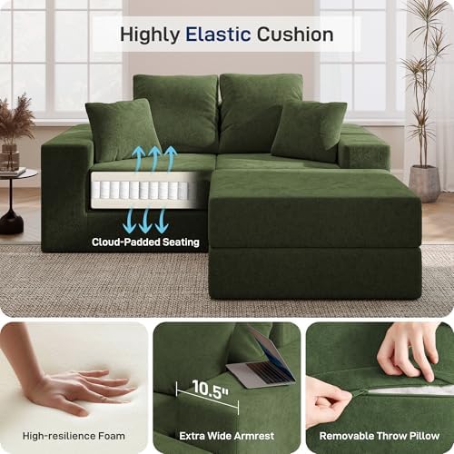Cloud Modular Sectional Sofa, Comfy Couch for Living Room, Modern L-Shaped Couch with Reversible Chaise, Customizable Sleeper Sofa with Non Slip, No Assembly & Deep Seat, Green