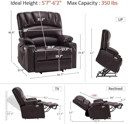 MCombo Oversized Power Lift Recliner Chair for Elderly R7092 (Dark Brown) | Stand Assistance, Wide seat, Heat and Massage, 4.7" Extra Footrest, 150° Max Recline, USB Ports, Cup Holders, Faux Leather