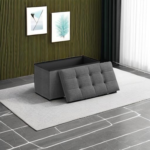 SONGMICS 30 Inches Folding Storage Ottoman Bench, Load 660 lb | Ottoman Foot Rest, Storage Chest, for Living Room, Entryway, Slate Gray and Ink Black, MINOTA Collection ULSF47K