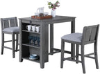 Lilola Home Graham 3-Piece Gray Finish Small Space Counter Height Dining Set with USB Charging Ports, Storage Shelves, and 2 Upholstered Chairs — Space-Saving Table & Chair Set for Apartments